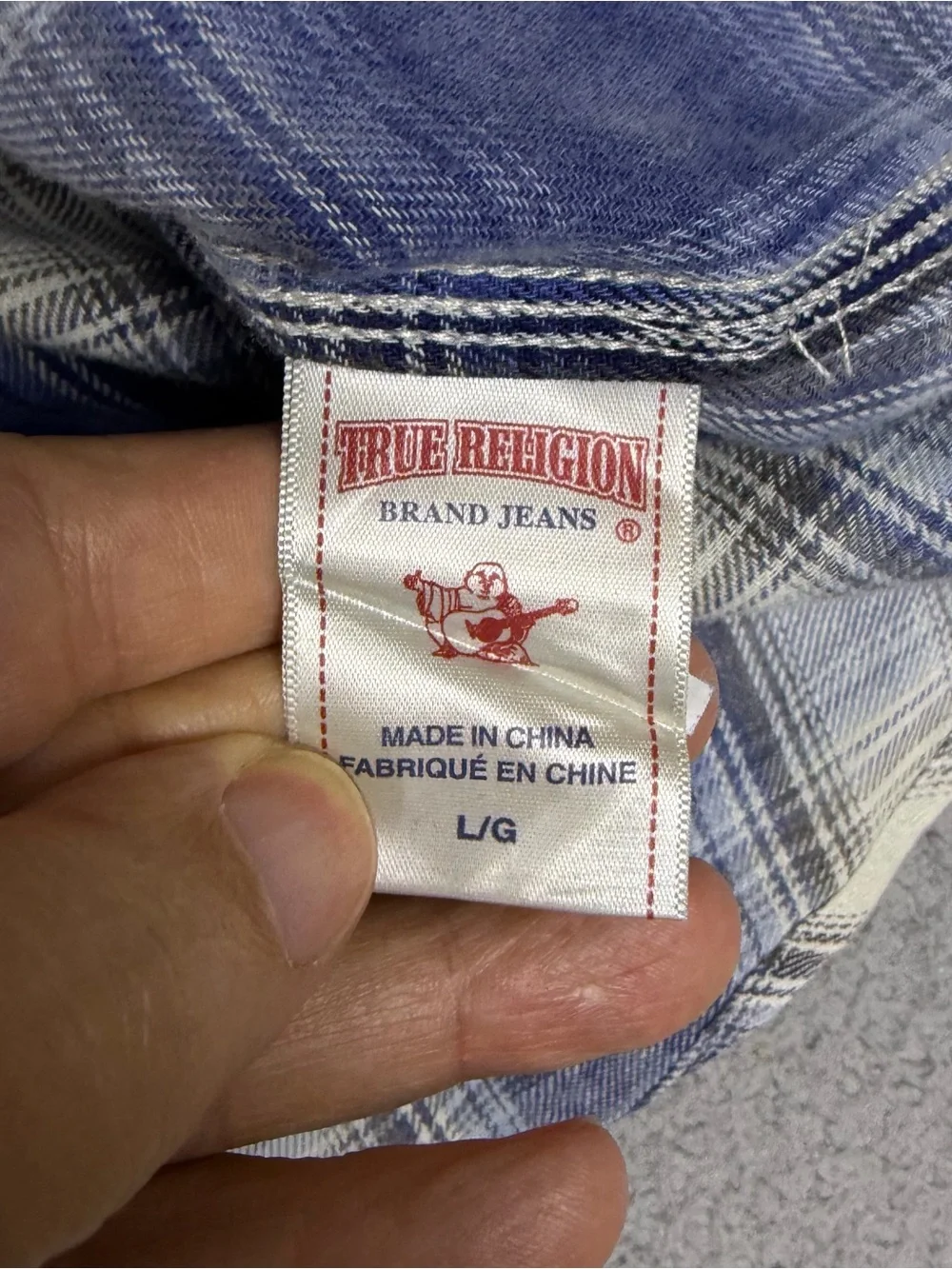 True Religion Blue and White Plaid Button-Up Shirt Pocket Flaps Western Cowboy